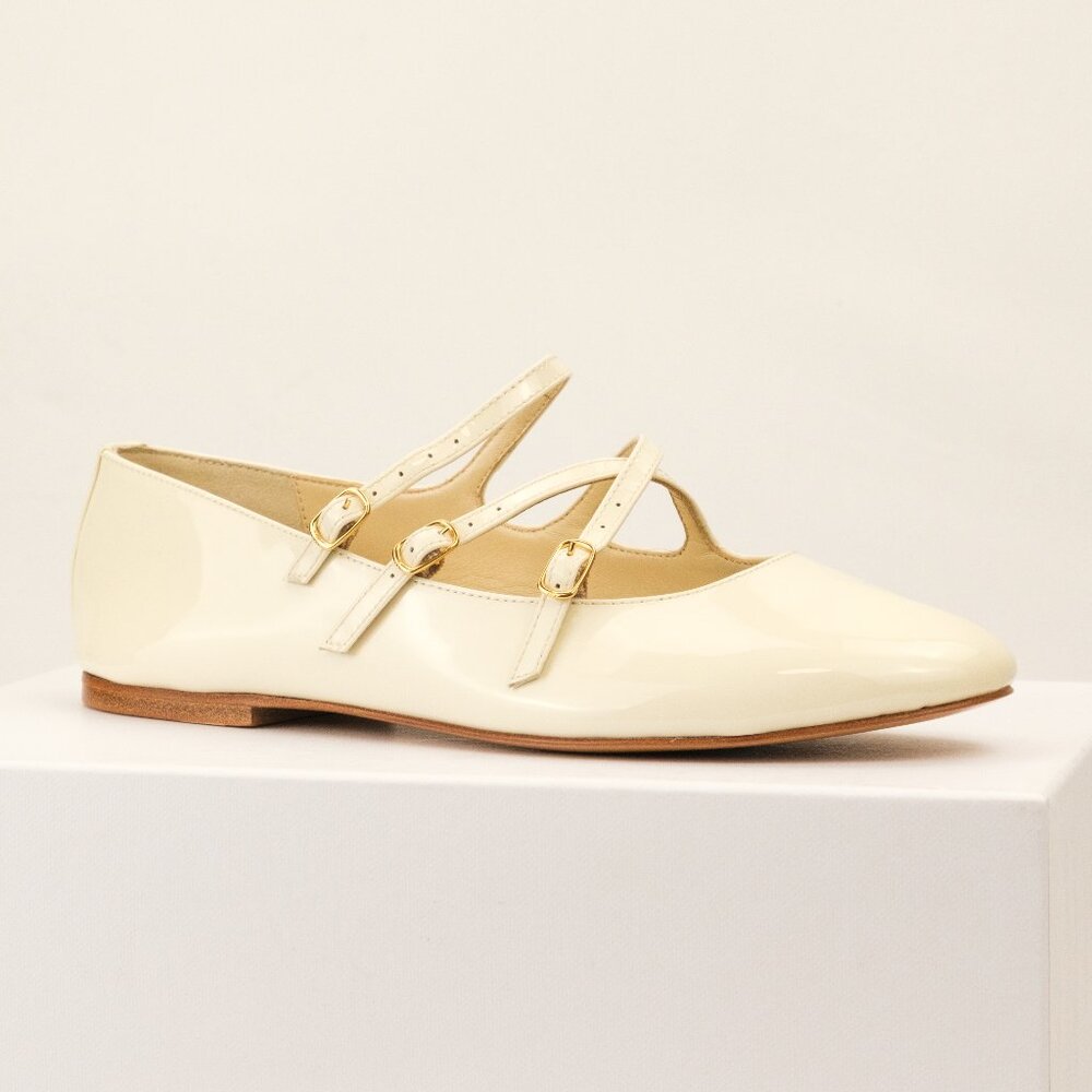 CELINE Criss-Cross Babies Ballerina Flats, Ivory Patent Leather